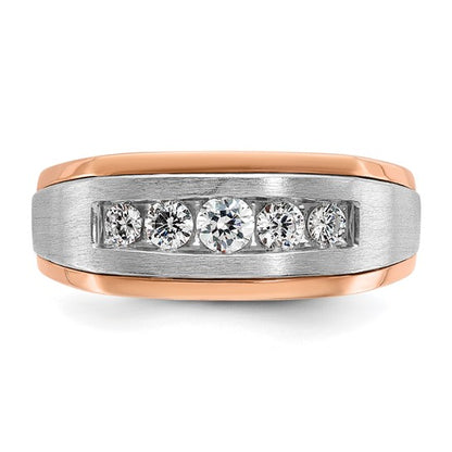 IBGoodman 14k White and Rose Gold Men's Polished Satin and Grooved 5-Stone 1/2 Carat AA Quality Diamond Ring