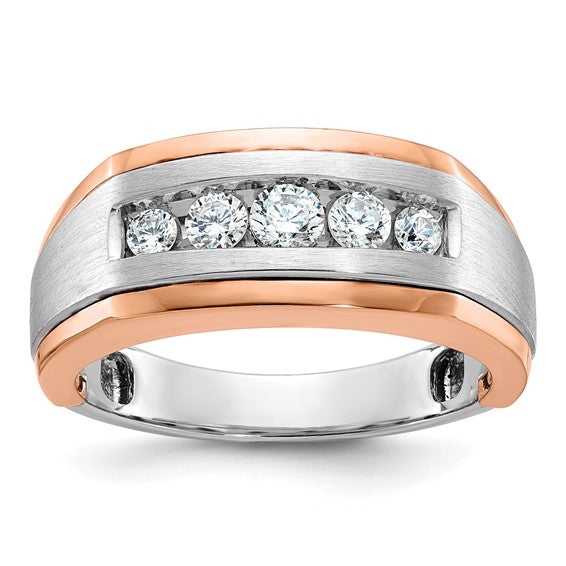 IBGoodman 14k White and Rose Gold Men's Polished Satin and Grooved 5-Stone 1/2 Carat AA Quality Diamond Ring