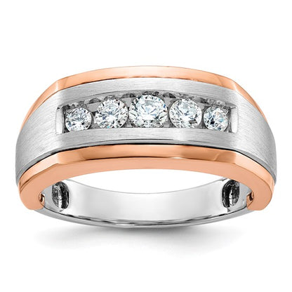 IBGoodman 14k White and Rose Gold Men's Polished Satin and Grooved 5-Stone 1/2 Carat AA Quality Diamond Ring