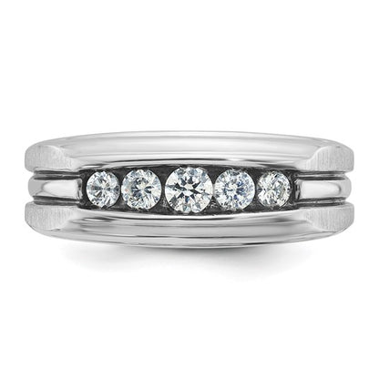 IBGoodman 14k White Gold with Black Rhodium Men's Polished Satin and Grooved 5-Stone 1/2 Carat AA Quality Diamond Ring