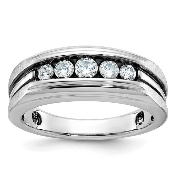 IBGoodman 14k White Gold with Black Rhodium Men's Polished Satin and Grooved 5-Stone 1/2 Carat AA Quality Diamond Ring