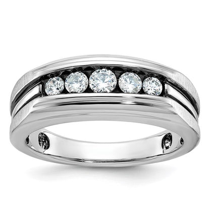 IBGoodman 14k White Gold with Black Rhodium Men's Polished Satin and Grooved 5-Stone 1/2 Carat AA Quality Diamond Ring