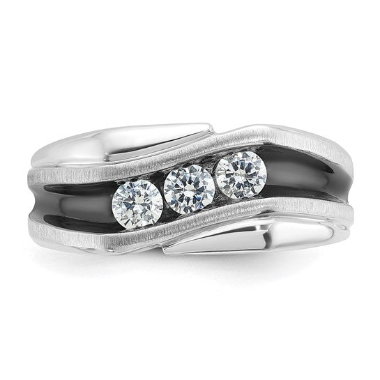 IBGoodman 14k White Gold with Black Rhodium Men's Polished Satin and Grooved 3-Stone 1/2 Carat AA Quality Diamond Ring