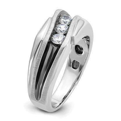 IBGoodman 14k White Gold with Black Rhodium Men's Polished Satin and Grooved 3-Stone 1/2 Carat Lab Grown Diamond Ring