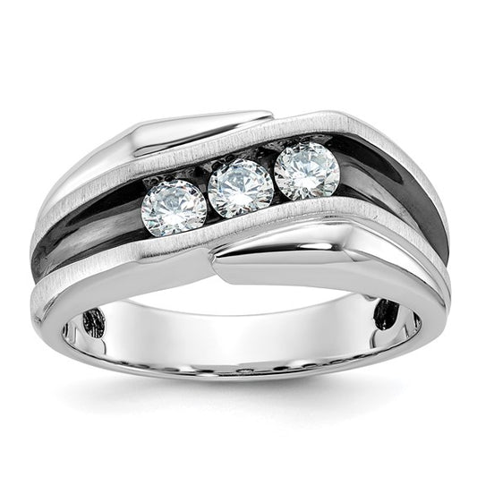 IBGoodman 14k White Gold with Black Rhodium Men's Polished Satin and Grooved 3-Stone 1/2 Carat Lab Grown Diamond Ring