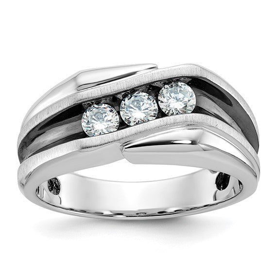 IBGoodman 14k White Gold with Black Rhodium Men's Polished Satin and Grooved 3-Stone 1/2 Carat AA Quality Diamond Ring