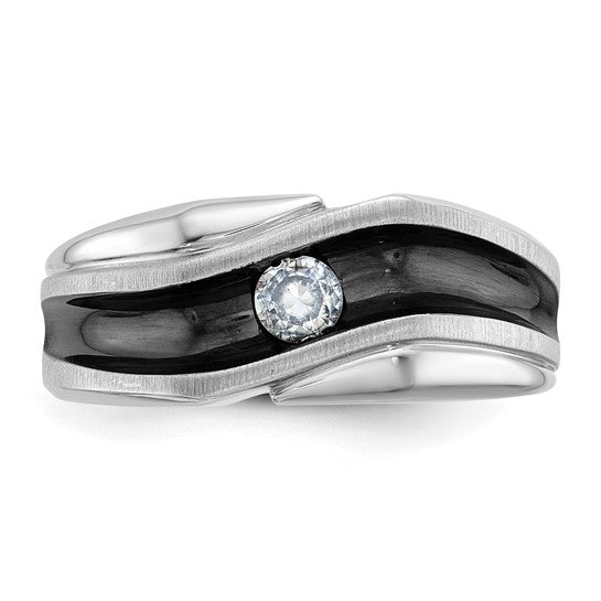 IBGoodman 14k White Gold with Black Rhodium Men's Polished Satin and Grooved Solitaire 1/5 Carat AA Quality Diamond Ring