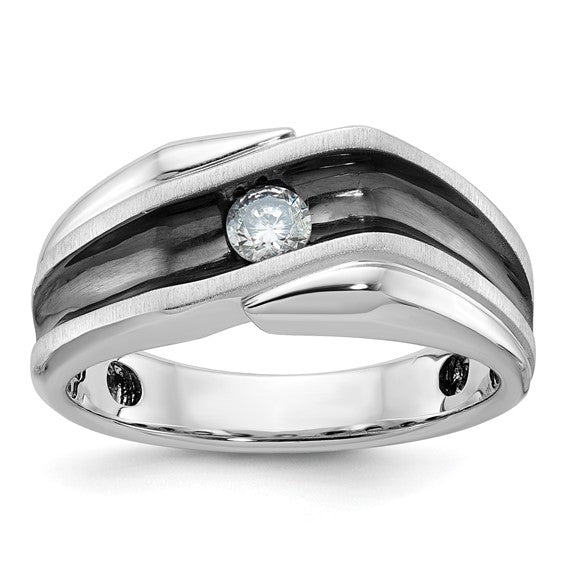 IBGoodman 14k White Gold with Black Rhodium Men's Polished Satin and Grooved Solitaire 1/5 Carat AA Quality Diamond Ring