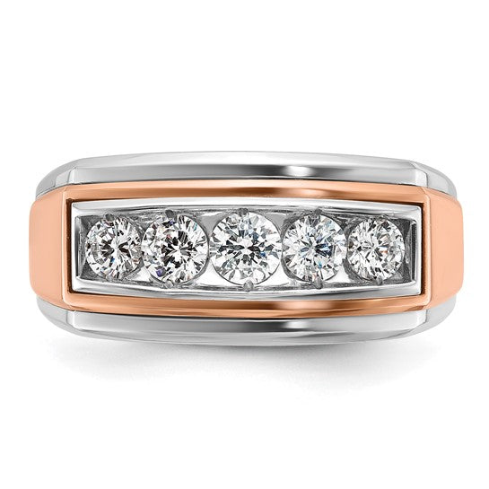IBGoodman 14k White and Rose Gold Men's Polished and Grooved 5-Stone 1 Carat AA Quality Diamond Ring