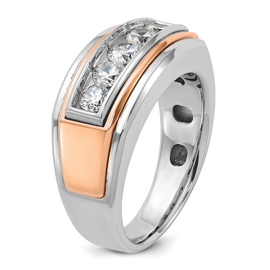IBGoodman 14k White and Rose Gold Men's Polished and Grooved 5-Stone 1 Carat AA Quality Diamond Ring