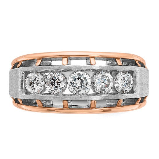 IBGoodman 14k White and Rose Gold Men's Polished Satin and Cut-Out 5-Stone 1 Carat AA Quality Diamond Ring
