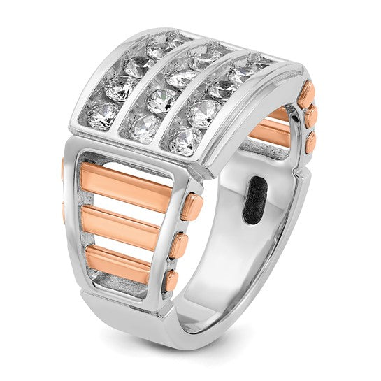 IBGoodman 14k White and Rose Gold Men's Polished and Cut-Out 3-Row 1 1/5 Carat AA Quality Diamond Ring