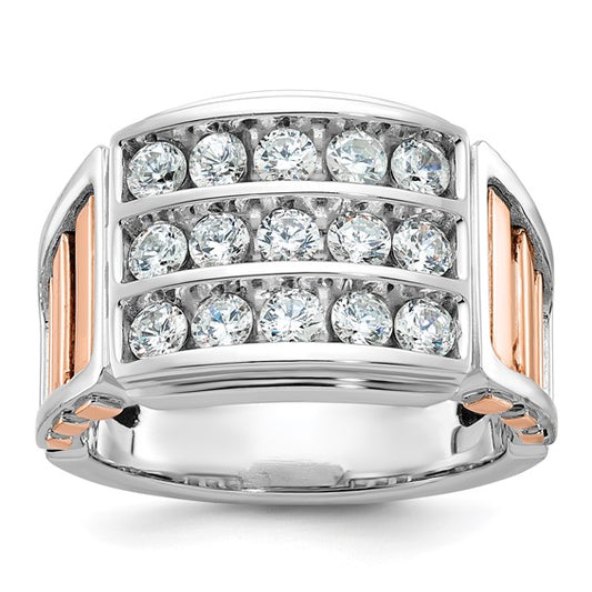 IBGoodman 14k White and Rose Gold Men's Polished and Cut-Out 3-Row 1 1/5 Carat Lab Grown Diamond Ring