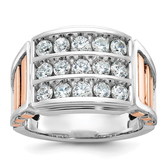 IBGoodman 14k White and Rose Gold Men's Polished and Cut-Out 3-Row 1 1/5 Carat AA Quality Diamond Ring