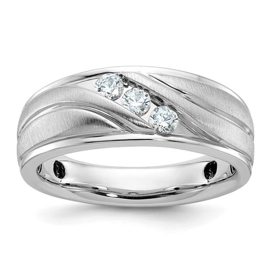 IBGoodman 14k White Gold Men's Polished Satin and Grooved 3-Stone 1/3 Carat AA Quality Diamond Ring