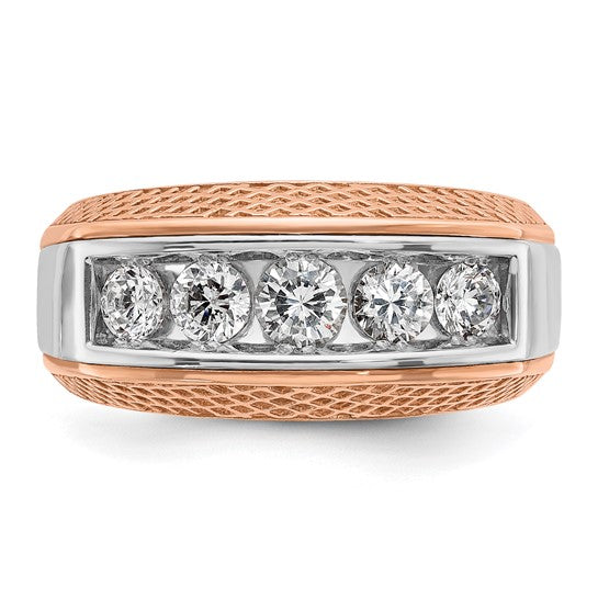 IBGoodman 14k White and Rose Gold Men's Polished and Textured 5-Stone 1 Carat AA Quality Diamond Ring