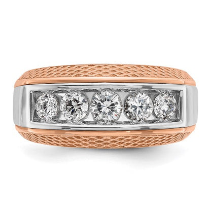 IBGoodman 14k White and Rose Gold Men's Polished and Textured 5-Stone 1 Carat AA Quality Diamond Ring