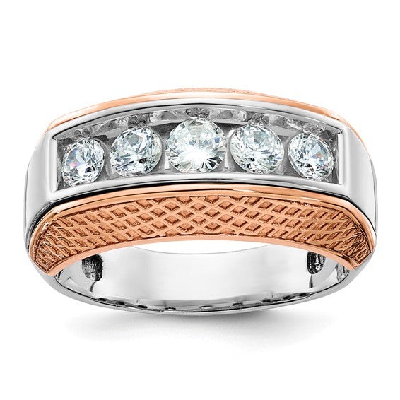 IBGoodman 14k White and Rose Gold Men's Polished and Textured 5-Stone 1 Carat AA Quality Diamond Ring