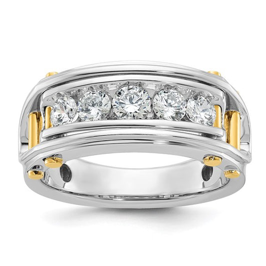 IBGoodman 14k Two-tone Men's Polished Grooved and Cut-Out 5-Stone 1 Carat AA Quality Diamond Ring