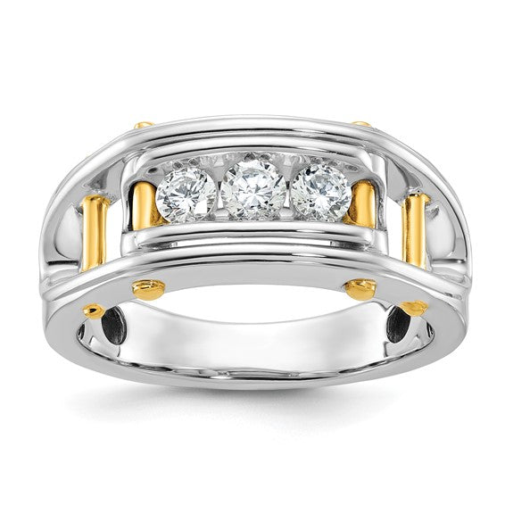 IBGoodman 14k Two-tone Men's Polished Grooved and Cut-Out 3-Stone 1/2 Carat AA Quality Diamond Ring