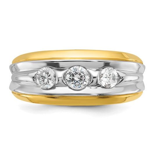 IBGoodman 14k Two-tone Men's Polished and Grooved 3-Stone 3/4 Carat AA Quality Diamond Ring