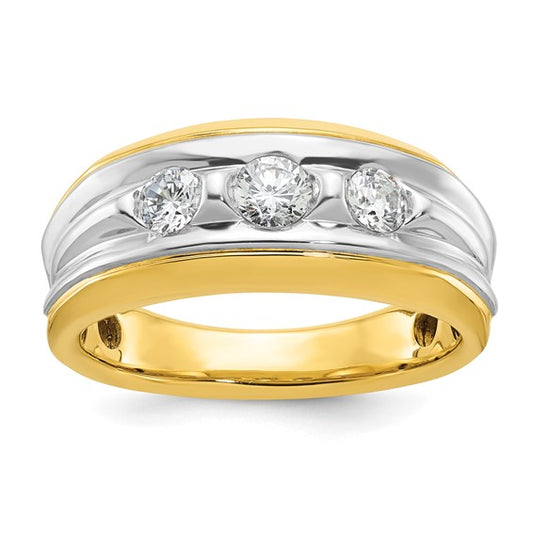 IBGoodman 14k Two-tone Men's Polished and Grooved 3-Stone 3/4 Carat AA Quality Diamond Ring