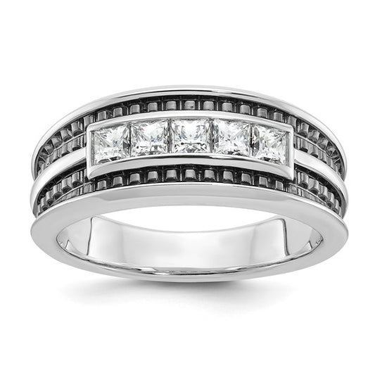 IBGoodman 14k White Gold with Black Rhodium Men's Polished and Textured Square 5-Stone 3/4 Carat AA Quality Diamond Ring