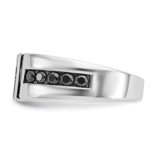 IBGoodman 14k White Gold Men's Polished and Grooved Black and White 1 Carat AA Quality Diamond Ring