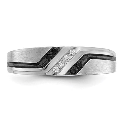 IBGoodman 14k White Gold with Black Rhodium Men's Polished Satin and Grooved 1/8 total Carat Black Mined Diamonds and White Lab Diamond Ring