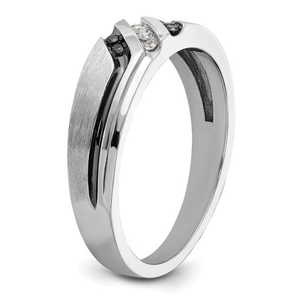 IBGoodman 14k White Gold with Black Rhodium Men's Polished Satin and Grooved 1/8 total Carat Black Mined Diamonds and White Lab Diamond Ring