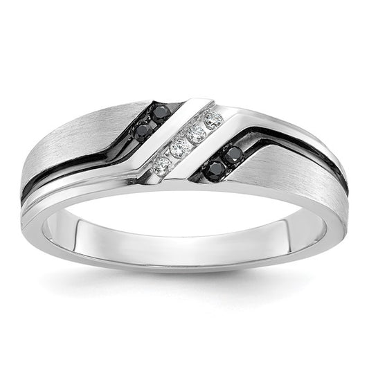 IBGoodman 14k White Gold with Black Rhodium Men's Polished Satin and Grooved 1/8 total Carat Black Mined Diamonds and White Lab Diamond Ring