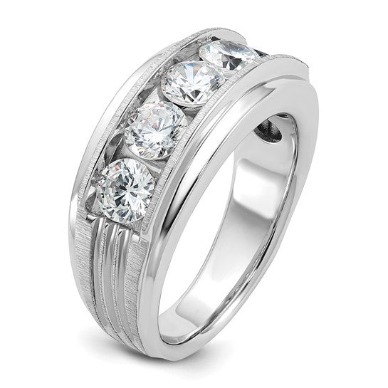 IBGoodman 14k White Gold Men's Polished Satin and Grooved 5-Stone 2 Carat Lab Grown Diamond Ring