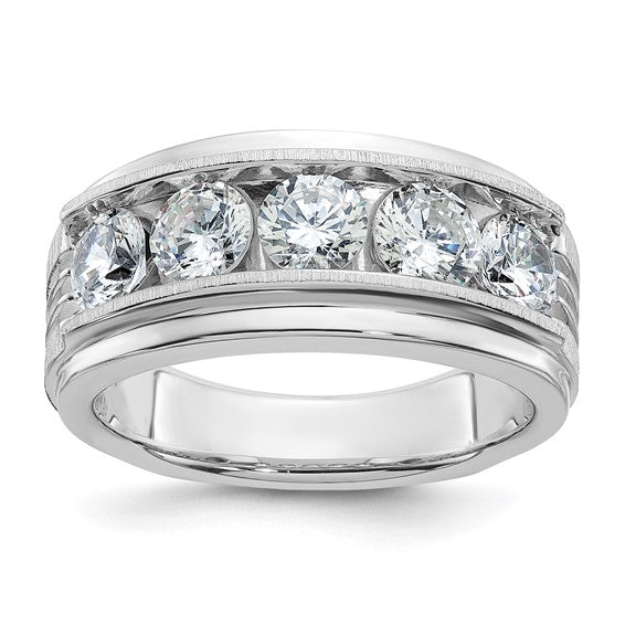 IBGoodman 14k White Gold Men's Polished Satin and Grooved 5-Stone 2 Carat Lab Grown Diamond Ring