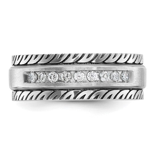 IBGoodman 14k White Gold with Black Rhodium Men's Polished Satin and Grooved 1/5 Carat AA Quality Diamond Ring