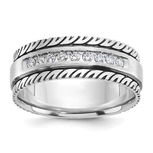 IBGoodman 14k White Gold with Black Rhodium Men's Polished Satin and Grooved 1/5 Carat AA Quality Diamond Ring