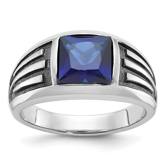 14k White Gold IBGoodman Men's Black Rhodium Created Sapphire Complete Ring