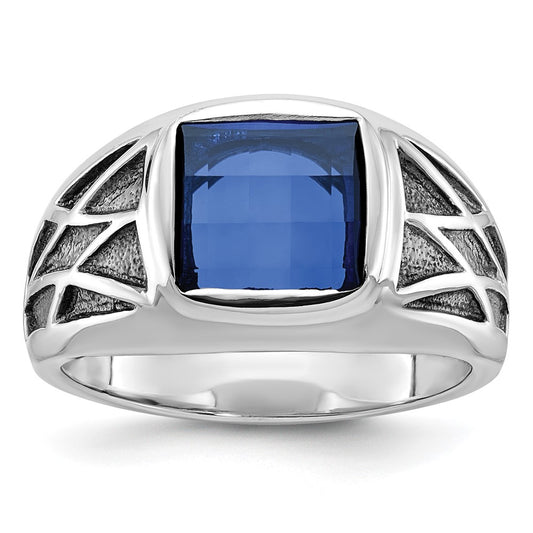 14k White Gold IBGoodman Men's Black Rhodium Created Sapphire Complete Ring