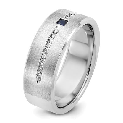 14k White Gold IBGoodman Men's Satin Lab Created Sapphire and 1/8 carat Diamond Complete Ring