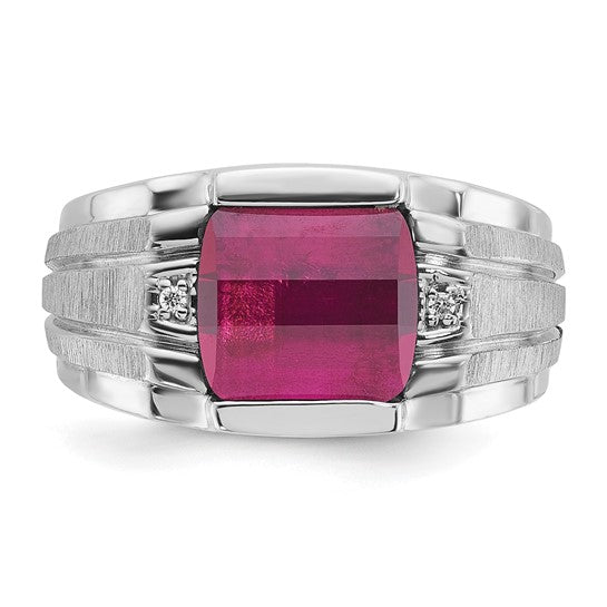 14k White Gold IBGoodman Men's Satin Created Ruby and Diamond Complete Ring
