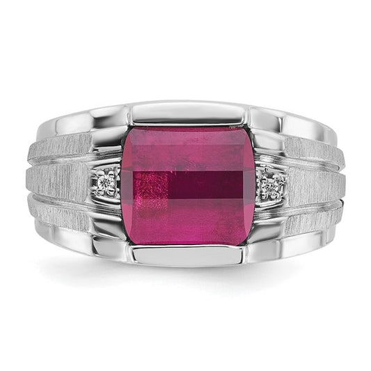 14k White Gold IBGoodman Men's Satin Created Ruby and Diamond Complete Ring