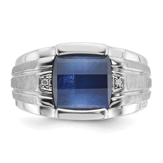 14k White Gold IBGoodman Men's Satin Created Sapphire and Diamond Complete Ring
