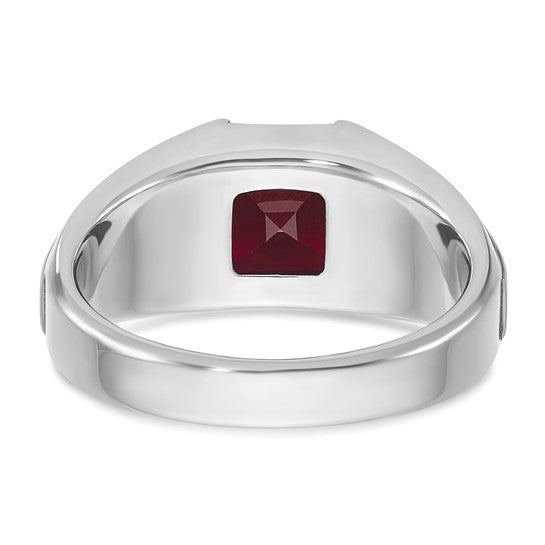 14k White Gold IBGoodman Men's Created Garnet and 1/20 carat Diamond Complete Ring