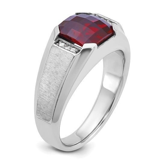 14k White Gold IBGoodman Men's Created Garnet and 1/20 carat Diamond Complete Ring