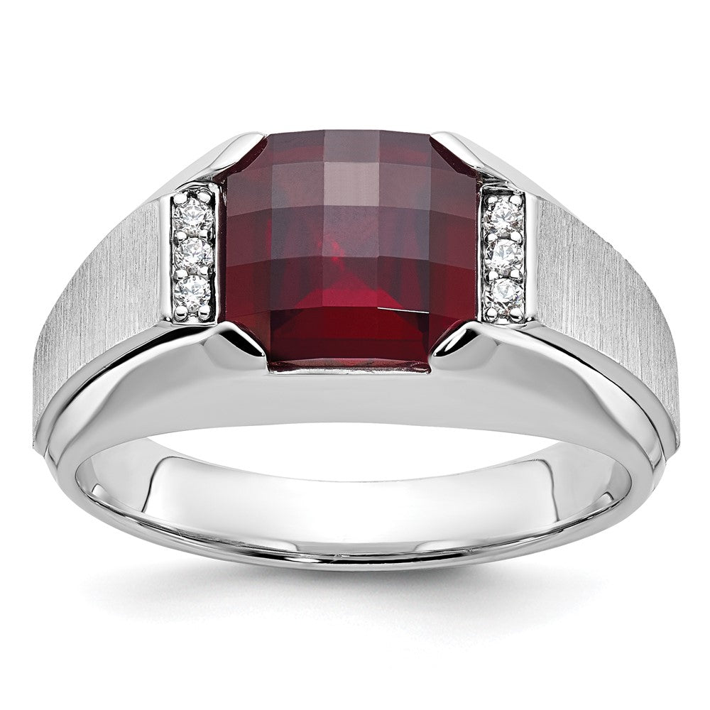 14k White Gold IBGoodman Men's Created Garnet and Diamond Complete Ring