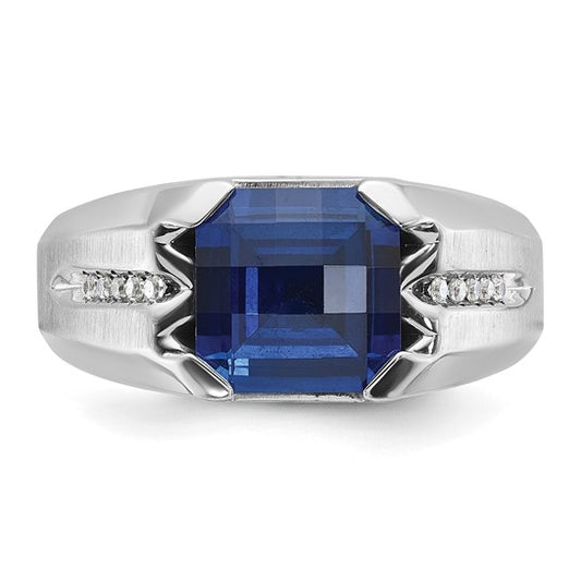 14k White Gold IBGoodman Men's Created Sapphire and 1/20 carat Diamond Complete Ring