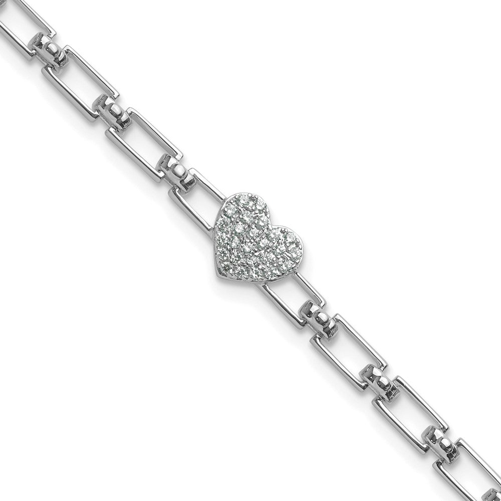 14K White Gold Polished Diamond Heart Cluster Fancy Link with 1in ext. Brac