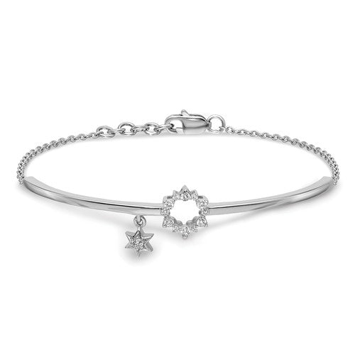 14k White Gold with Star Dangle Diamond Bangle with .5in ext Bracelet