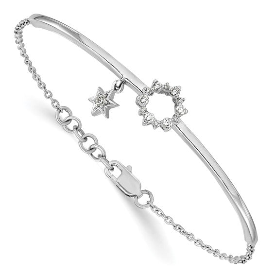 14k White Gold with Star Dangle Diamond Bangle with .5in ext Bracelet