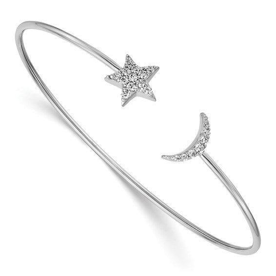 14k White Gold Diamond Moon and Star Flexible Cuff Bangle