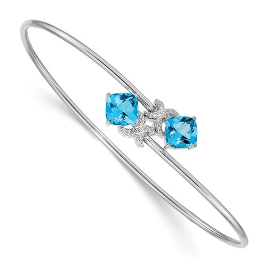 14k White Gold .03ct Diamond and Blue Topaz Flexible Bangle